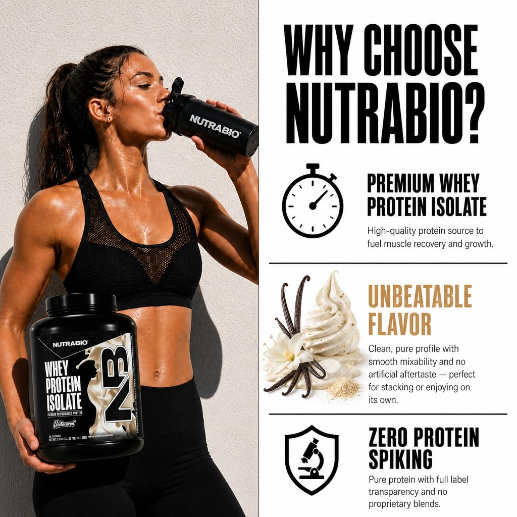 NutraBio 100% Whey Protein Isolate Protein Powder, 25g Protein with Complete Amino Acid Profile, Non-GMO, Soy & Gluten Free, Low Carb, Low Calorie Whey Protein Powder, Raw Unflavored, 50 Servings — Amazon image 5