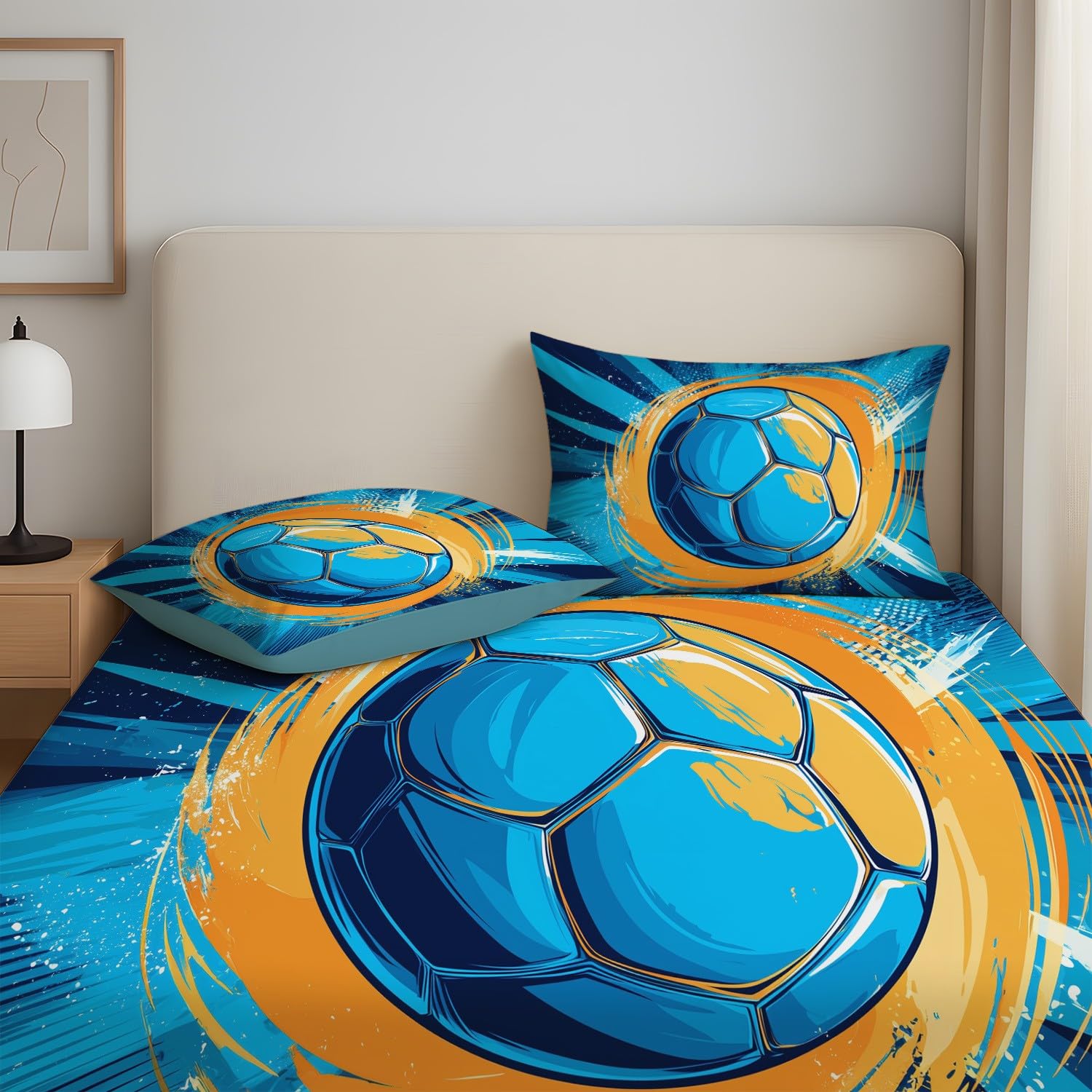 Dynamisch Fußball Spannbetttuch Leidenschaftlich Sport Spannbettlaken 200 x 200 x 30 cm 3teilig Mikrofaser Bettwäsche Set mit 2 Kissenbezüge 80 x 80 cm Kein Flachbettlaken