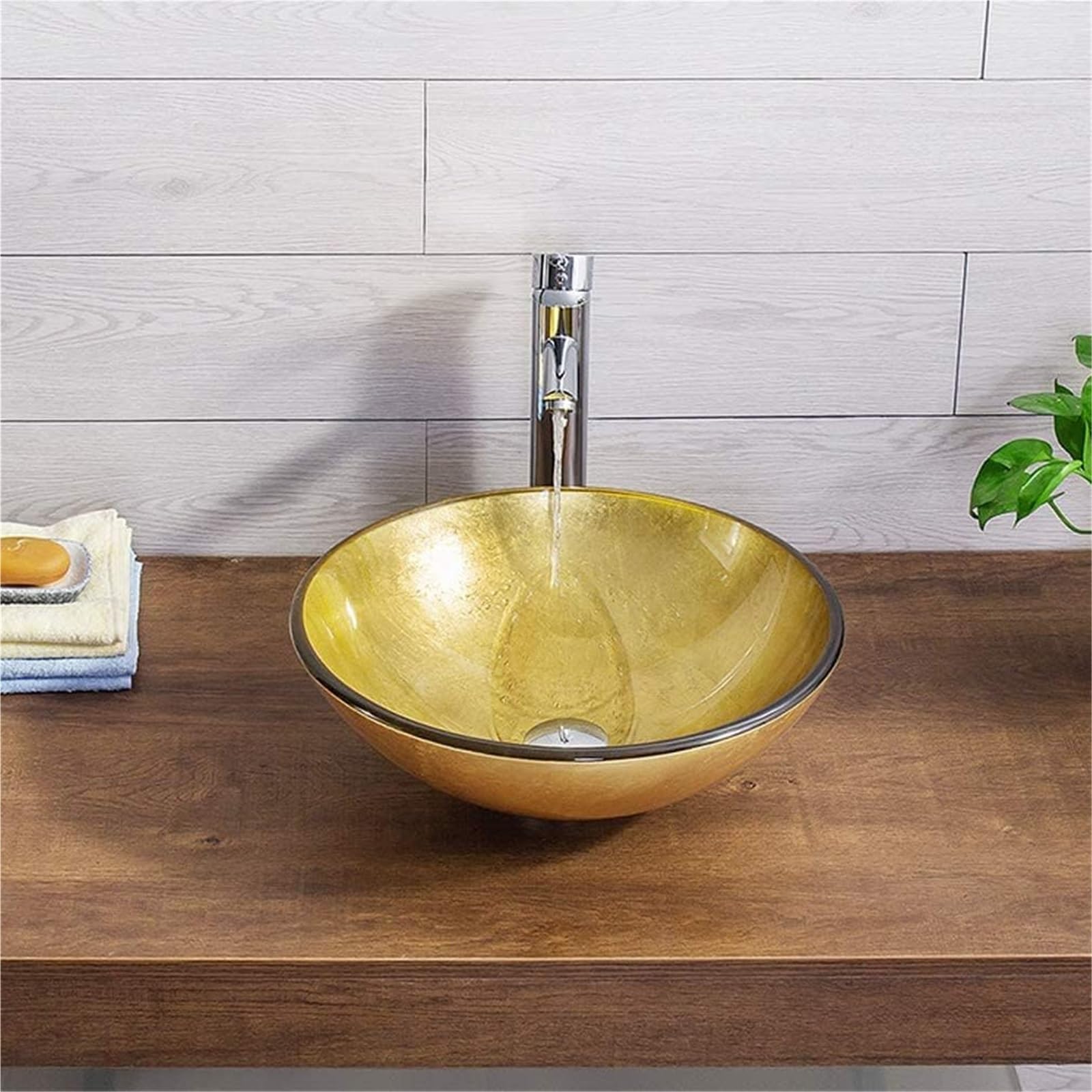 Umywalka Łazienkowa Ceramiczna, Umywalka Łazienkowa Nablatowa, Umywalka Okrągła 420 Mm, Szkło Złote, Umywalka Nablatowa,B