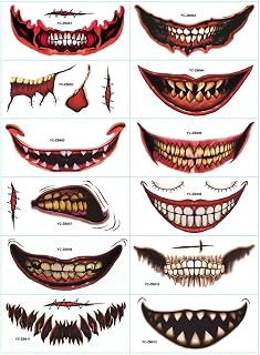 12PCS Halloween Temporary Face_Tattoos. Creepy Bucktooth Stickers, Lip Horror Stickers for Party Masquerade Prop Decorations