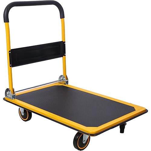Foldable Platform Truck, 330 lbs Capacity Steel Flatbed Cart, 28.75" x 18.8" x 32.6" Flat Dolly, Featuring Two 4" Swivel casters and Two Rigid Wheels, Heavy-Duty Utility Push Carts for Luggage Moving