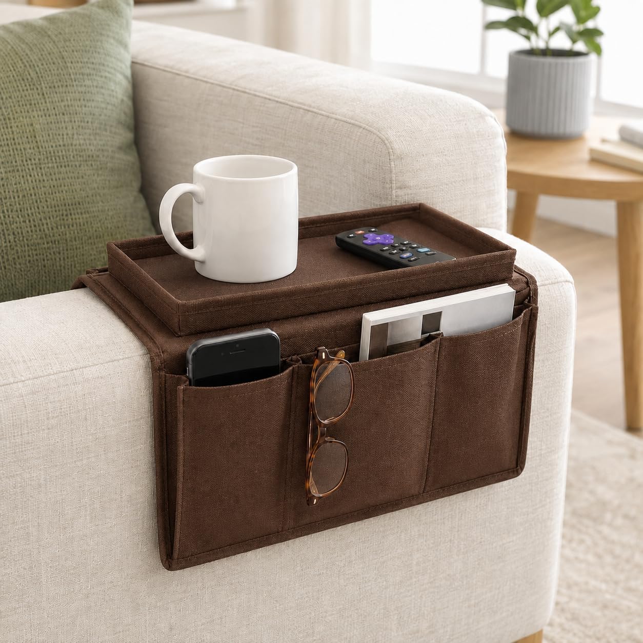 Dependable Industries inc. Essentials Sofa Armrest Table TV Remote Control Organizer Caddy Holder, Drapes Over Sofa Arm 5 Pocket Non-Slip Bottom (Brown)