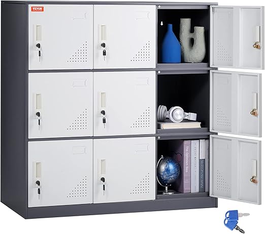 VEVOR Metal Locker for Employees, 9 Doors Storage Cabinet with Card Slot, Gray Steel Employee Lockers with Keys, 66lbs Loading Capacity Office Storage Lockers for Office, Home, School, Gym