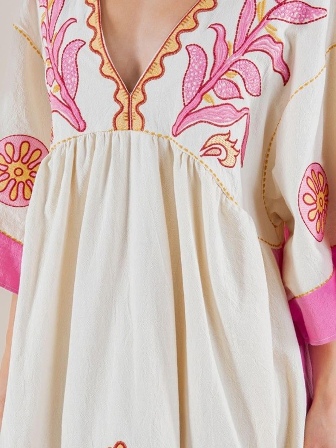 Womens Oversized Floral Embroidered Long Dress with V-Neck and 3/4 Sleeves Vintage Embroidery Babydoll Dress - Image 5