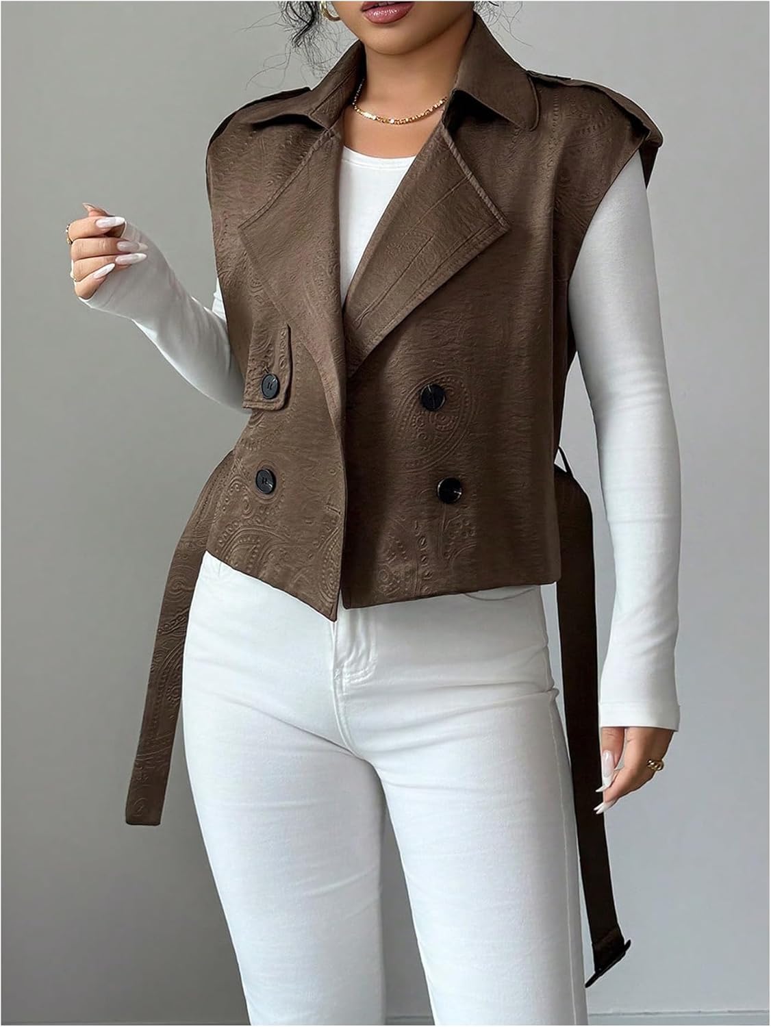 GORGLITTER Women's Cap Sleeve Cropped Trench Coat Trendy Belted Lapel Collar Business Casual Vest Coats - Image 4