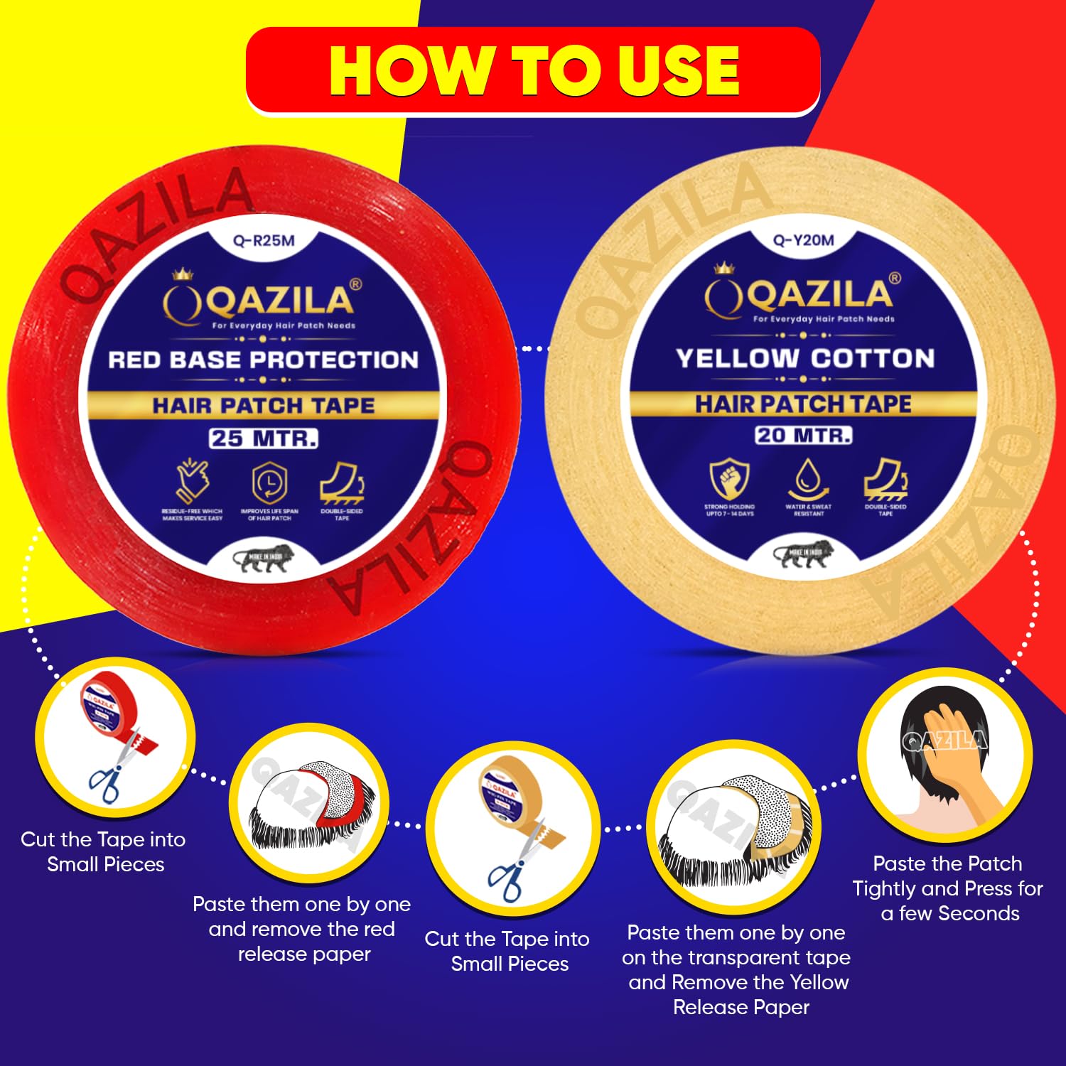 Qazila Hair Patch Tapes Combo | Yellow Cotton & Red Base Protection | Protects Base & Provides Holding Strength upto 7-14 days | Double-sided | Water & Sweat Resistant | Skin-Friendly | 1 inch Width 4