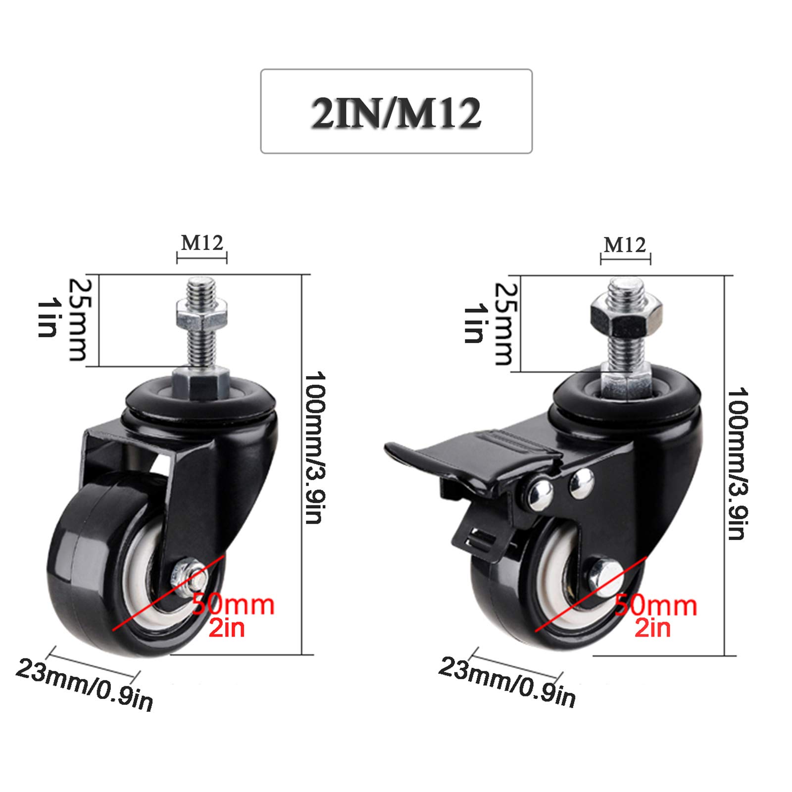 Cs girevole da 2 pollici con ruote in gomma del freno, senza rumore, set da 4 pezzi, facile installazione, asta filettata M12, ideale per mobili e banco di lavoro per carichi pesanti