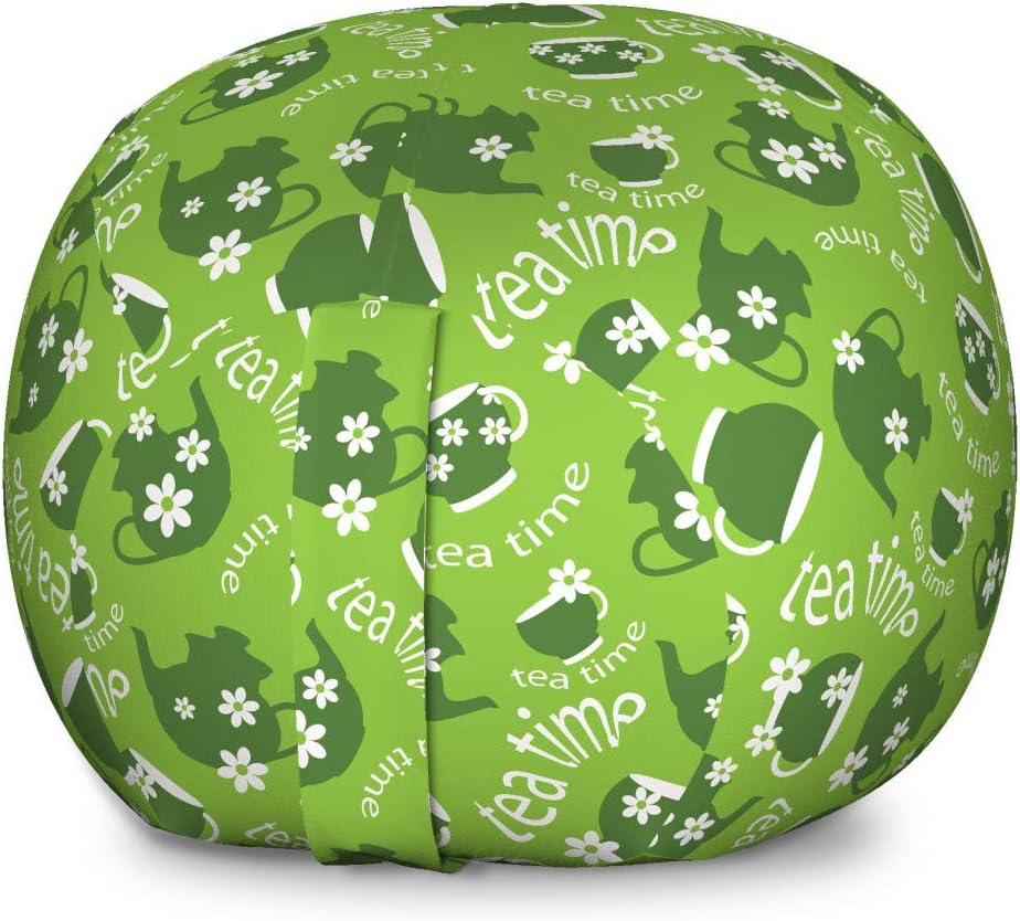 Ambesonne Tea Party Storage Toy Bag Chair, Tea Time Theme with Teapots and Cups Blooming Daisy Chamomiles, Stuffed Animal Organizer Washable Bag, Large Size, Lime Green Dark Green