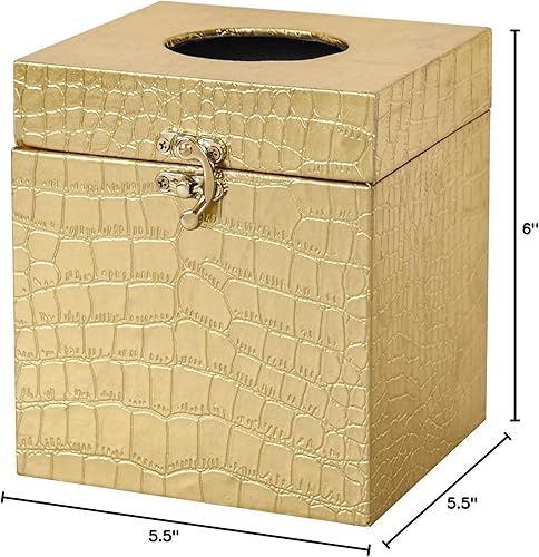 Miniatura 8 de Modern Elegant Gold Tissue Box Cover Square, Gold Crocodile Leather Tissue Box Holder for Napkin Facial Paper, Wood Tissue Box Cover for Bathroom