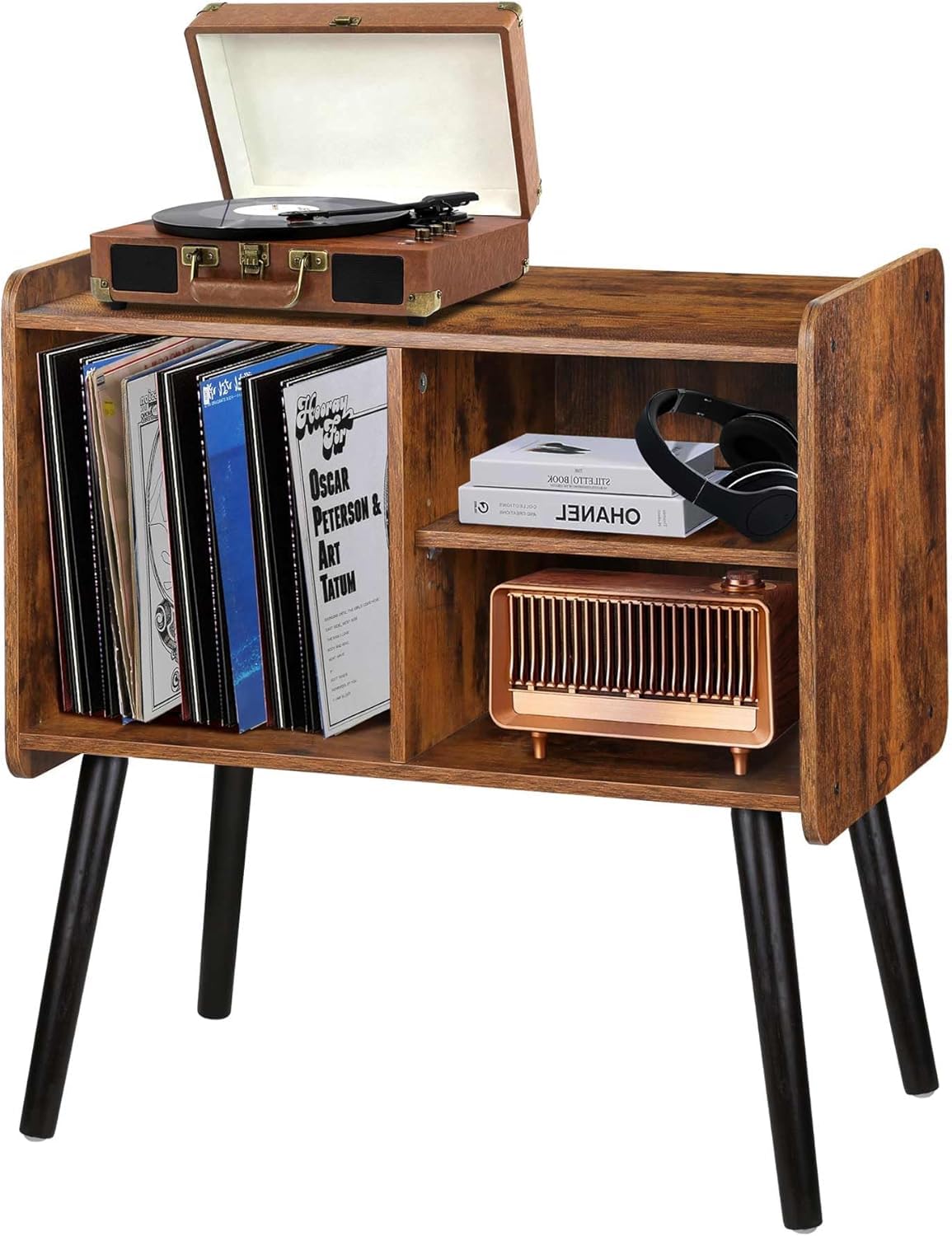 Record Player Stand with Vinyl Record Storage, Mid-Century Turntable Stand for Living Room Bedroom Office, Record Player Table, Vinyl Holder Holds up to 100 Albums