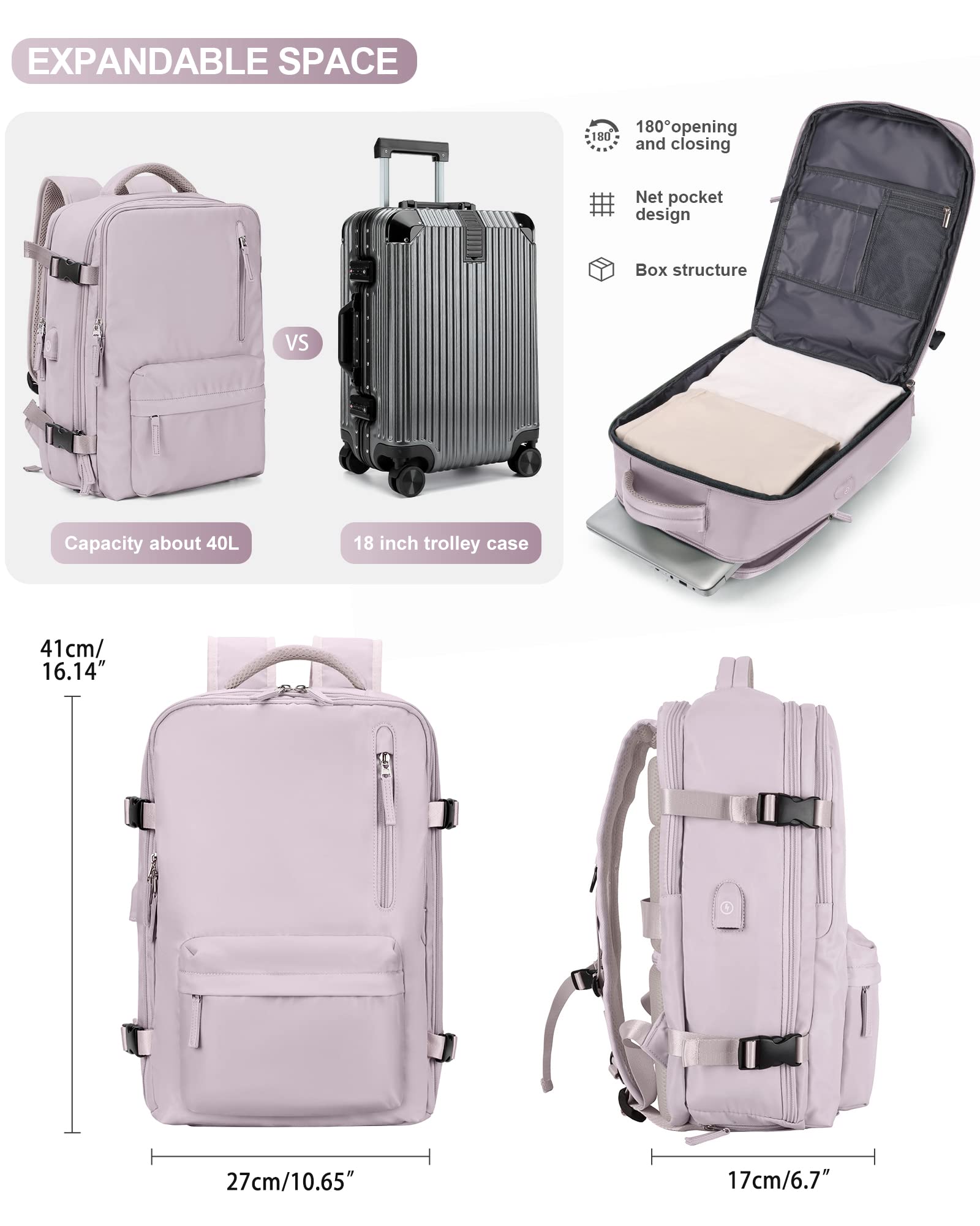 Zaino da Viaggio per Easyjet 45x36x20 Bagaglio a Mano Zaino Borse da Cabina per Ryanair Il Sedile Zaino Aereo Bagaglio a Mano Borsa Cabina Viaggio Zaino Travel Viaggio Casual Daypack,J3-Viola Rosa