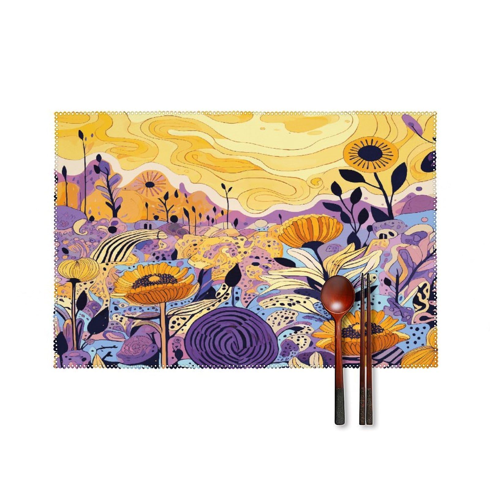 Btcowzrv Style Hand Drawn Flowers Canvas Placemats Set Of 6, Wipeable Washable Place Mats For Indoor & Outdoor, Table Mat Decor For Kitchen Dining Party