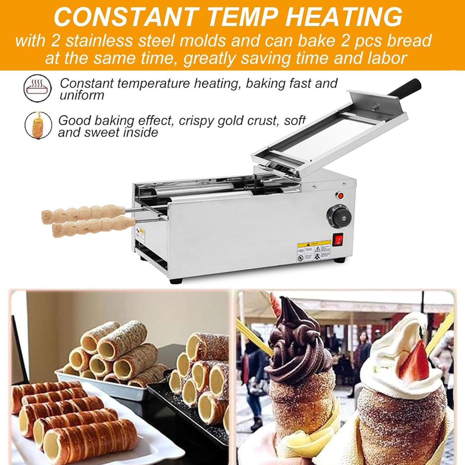 Horno Eléctrico Comercial con Chimenea, 1500 W, con Moldes Antiadherentes para Conos De Helado, Panecillos, Pasteles, Repostería Profesional Y Casera.