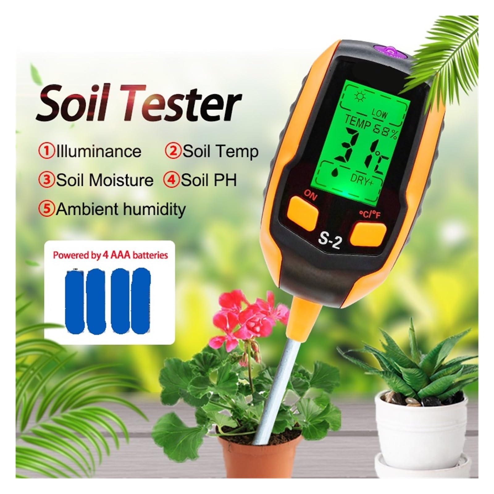 Humidimètre pour Sol, Testeur de Sol en Pot 6 en 1, détecteur de pH, Compteur d'acidité, Compteur d'éclairement, Compteur d'hygromètre de température pour Le Jardinage et l'agriculture(S3)
