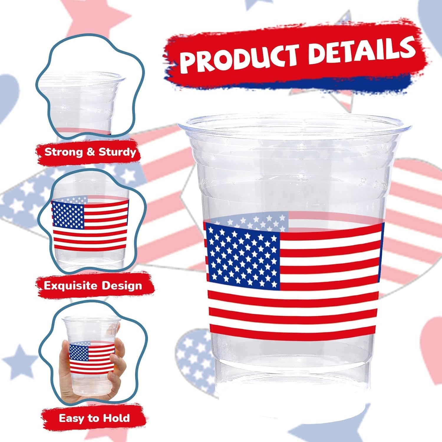 100 Pcs American Flags Plastic Cups 16 oz Red White and Blue Disposable Plastic Cups Coral Clear Cocktail Glasses for Memorial Day 250 Anniversary 4th of July Day Veterans Independence Party Supplies