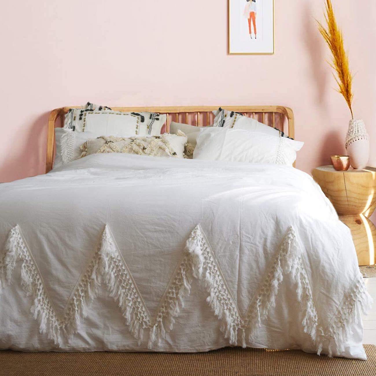 FlberBoho Duvet Cover Boho Bedding Tassel Tufted Fringed 100% Cotton Queen