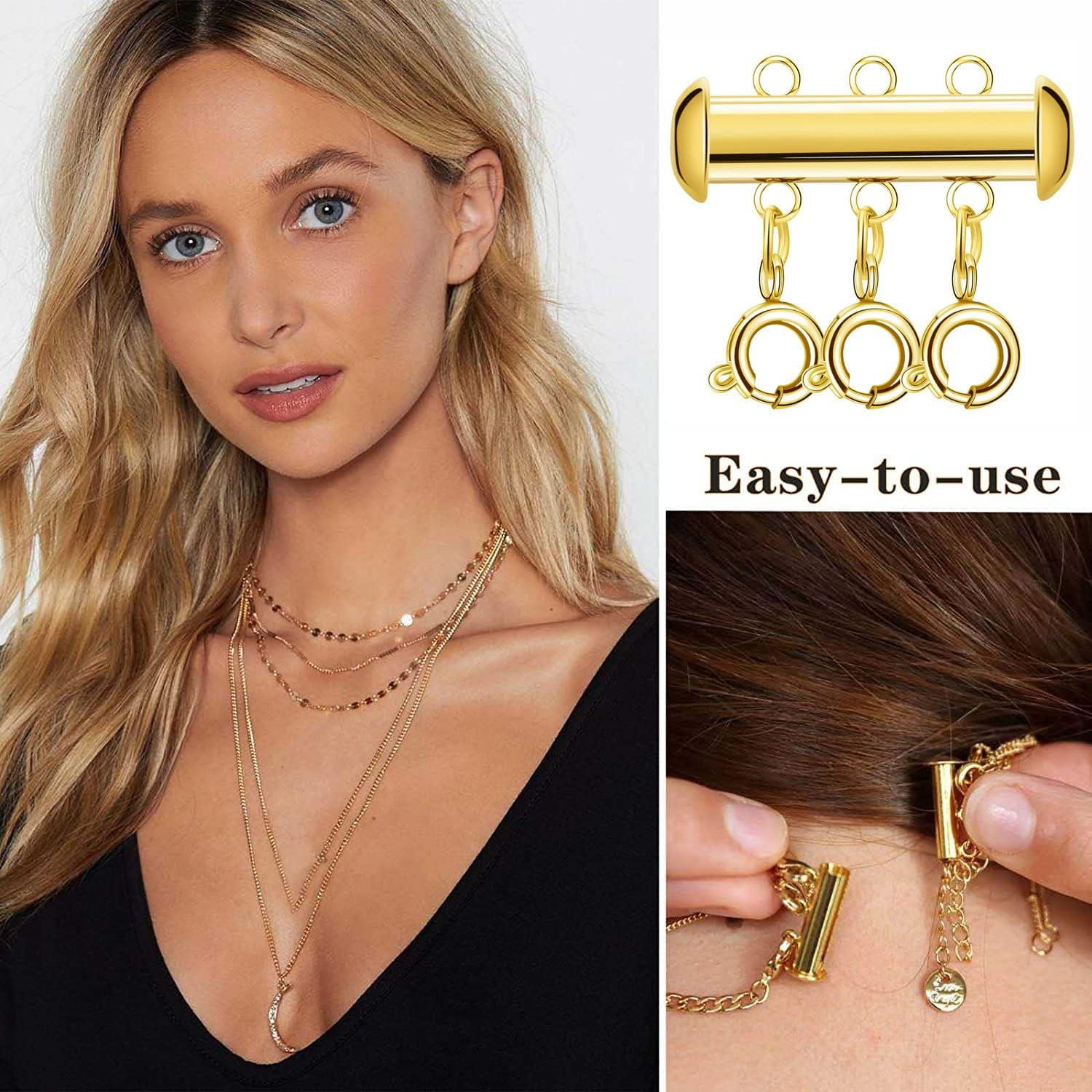 2pcs 18K Gold Electroplating Stainless Steel Necklace Layering Clasps Slide Lock Clasp Necklace Connector Multi Strands Slide Tube Clasps