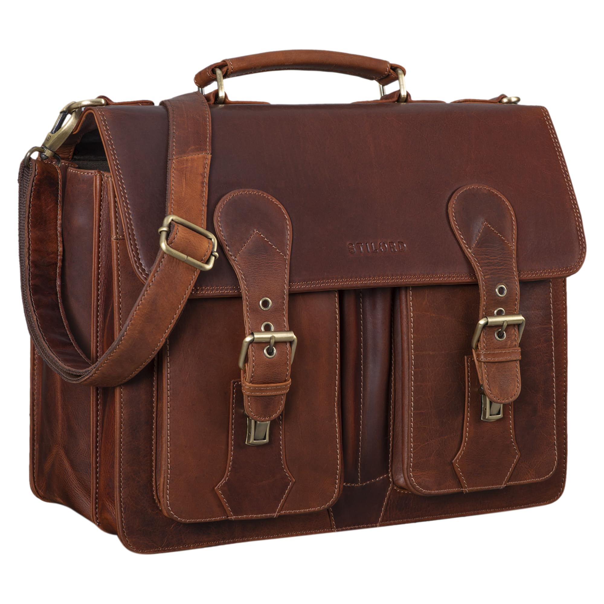 STILORD Kronos Cartable Professeur Cuir Serviette Sac d'enseignant d'affaire Sacoche d'ordinateur Serviette Bureau Travail à Bandoulière Couleur:Colorado - Marron