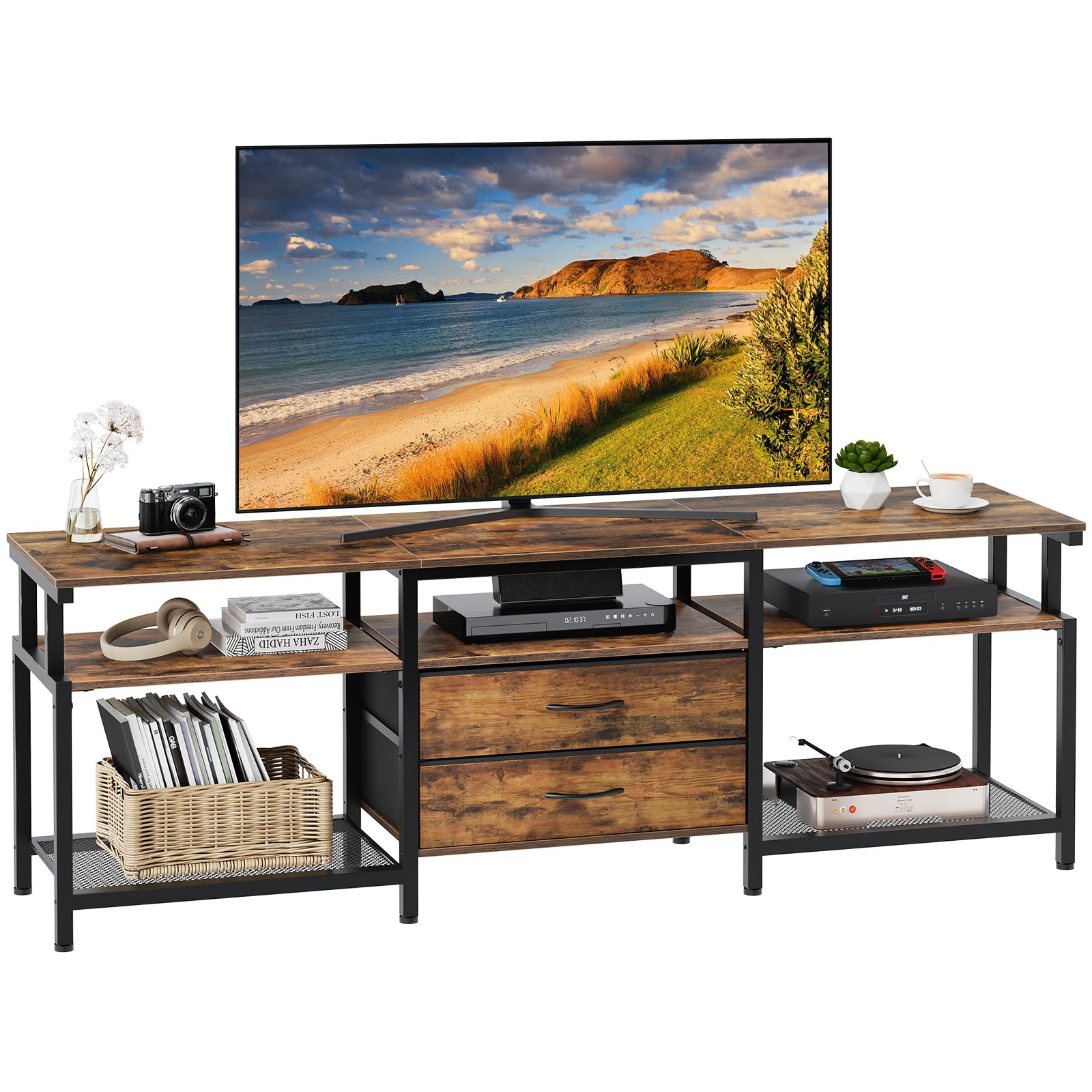 HOOBRO Mueble de TV, Soporte de Televisores de hasta 75 Pulgadas, Mueble Multimedia con Almacenamiento, Consola para TV con Estantes y 2 Cajones, para Salon, Marrón Rústico y Negro EBF55DS01