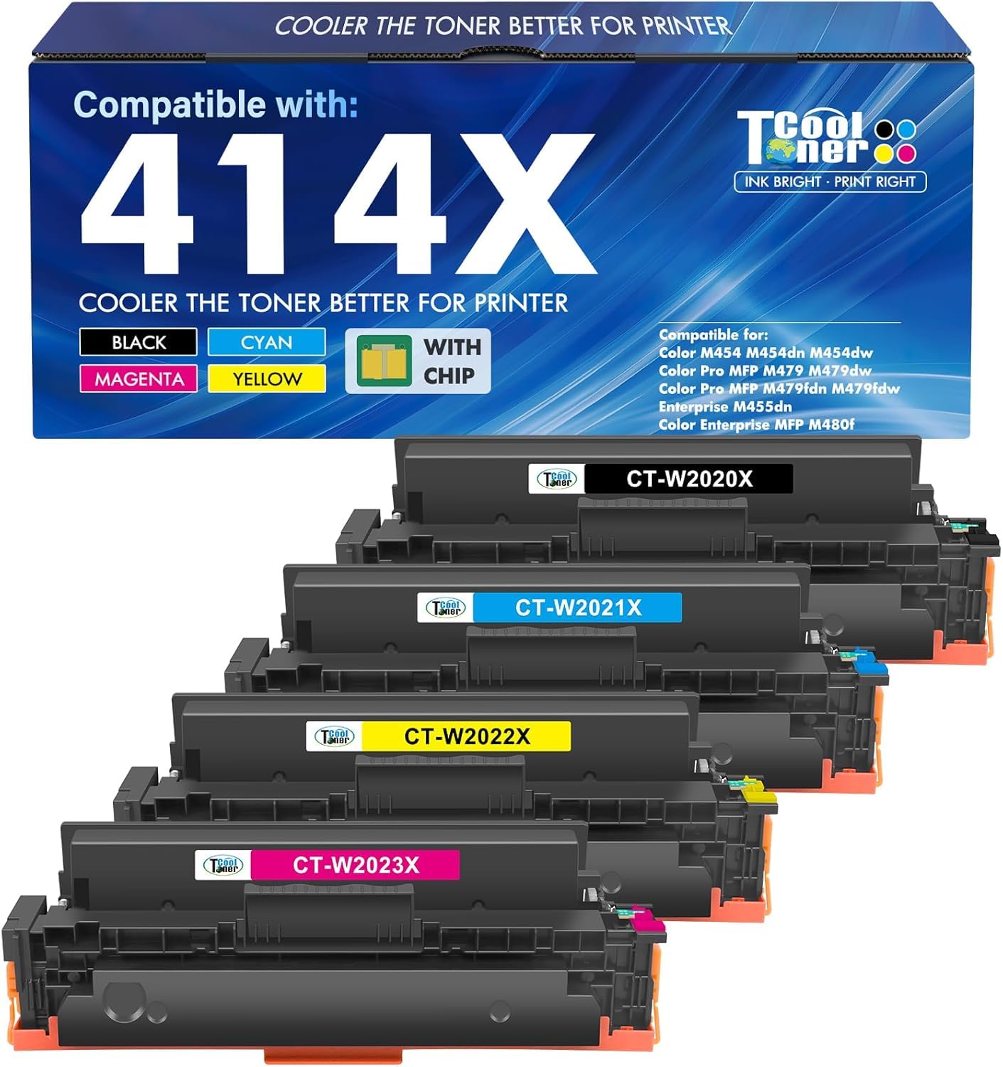 Photo 1 of 414X Toner Cartridges 4 Pack High Yield MFP M479fdw M454dw Compatible for HP414X 414X 414A 414 Color LaserJet Pro MFP M479fdw M479fdn M454dn M479dw M479 M454 Printer Ink Black Cyan Yellow Magenta