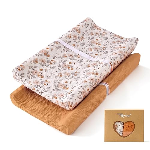 TILLYOU Funda de muselina para cambiador de pañales para bebés, niñas y niños, de algodón suave y transpirable, 2 unidades (flor amarilla)