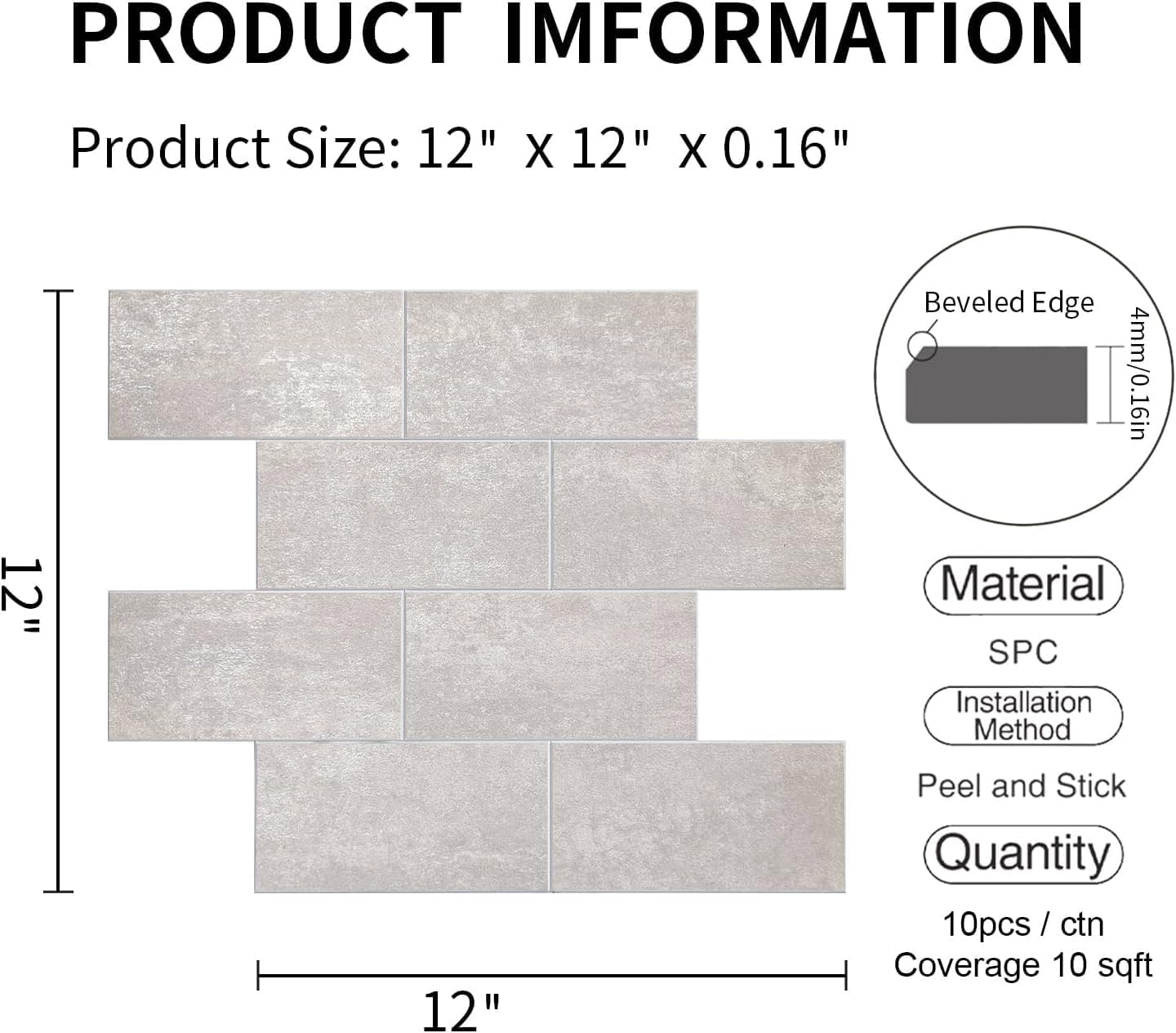 COLAMO ラグジュアリー 5枚 グレー ホワイト 剥がして貼れる硬質大型地下鉄タイル フェイクストーンタイル キッチンバックスプ