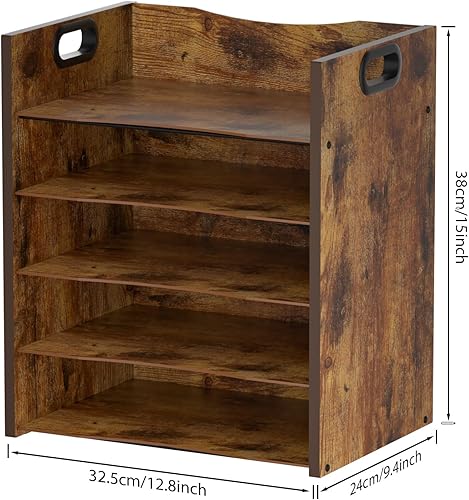 Miniatura 2 de Organizador de papel de madera de 5 niveles, soporte para archivos para escritorio con asa, bandeja de papel de madera, organizador de escritorio y