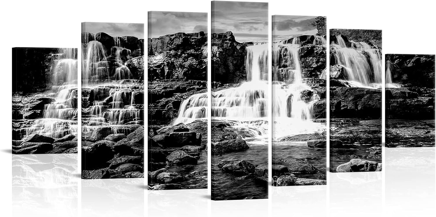 RyounoArt Xlarge 7 Pieces Waterfall Paintings Canvas Wall Art Black and White Nature Landscape Picture for Living Room Bedroom Decor Modern Scenery Artwork Framed