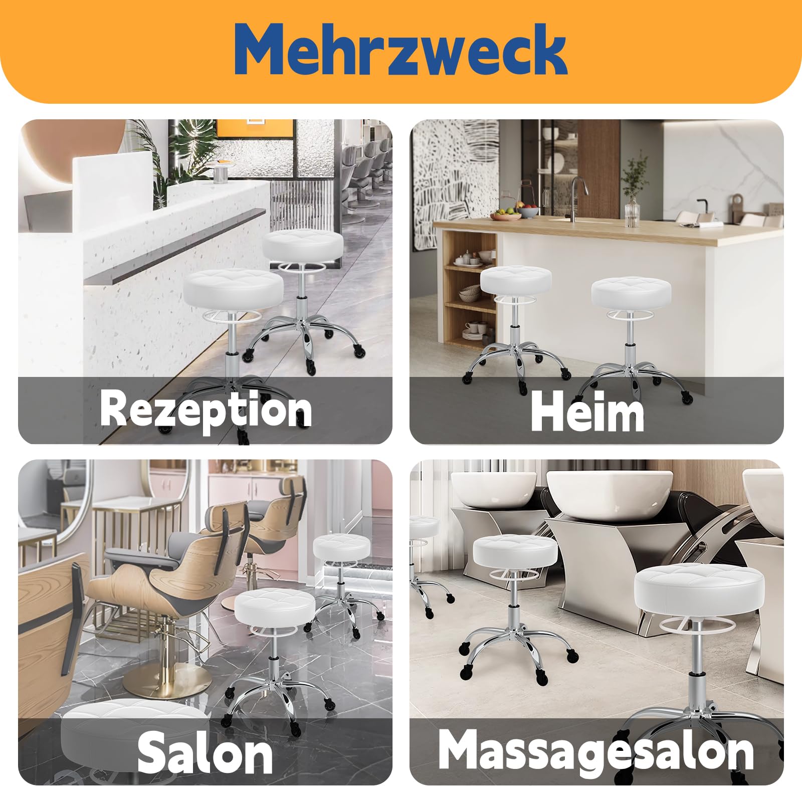 Rollhocker，Hocker höhenverstellbar mit ringheber，Dicker Schaumstoff für weichen Komfort，Stuhl mit Rollen 360°，Arbeitshocker bis 180 kg belastbar， Drehhocker für Salon Spa und Haushalt(Weiß)