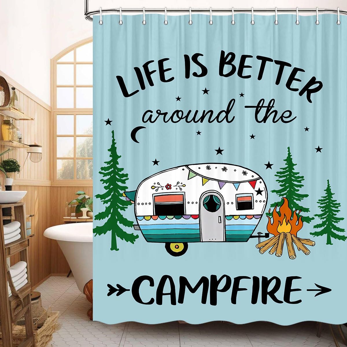 JAWO RV Shower Curtain, Camper Shower Curtain for for Travel Trailer, Happy Camper Shower Curtain for Camper Size Farmhouse Camping Shower Curtain Hooks Included(70" W X 78" H), Multi