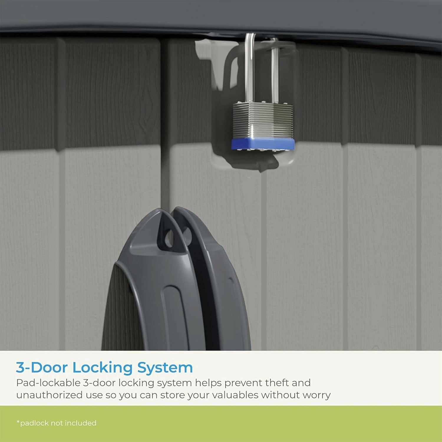 Image showing the 3-door locking system of the Suncast Glidetop Horizontal Storage Shed