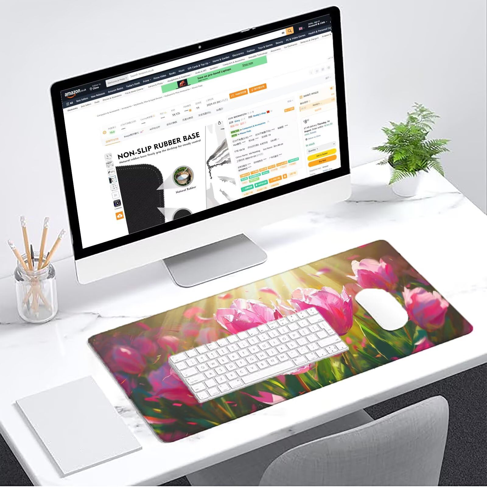 Podkładka pod mysz różowa XXL 1400 x 700 mm mata biurkowa kwiaty podkładka pod mysz jednoczęściowa gumowa podstawa antypoślizgowe krawędzie akcesoria biurowe praca szyta mysz do komputera biurowego