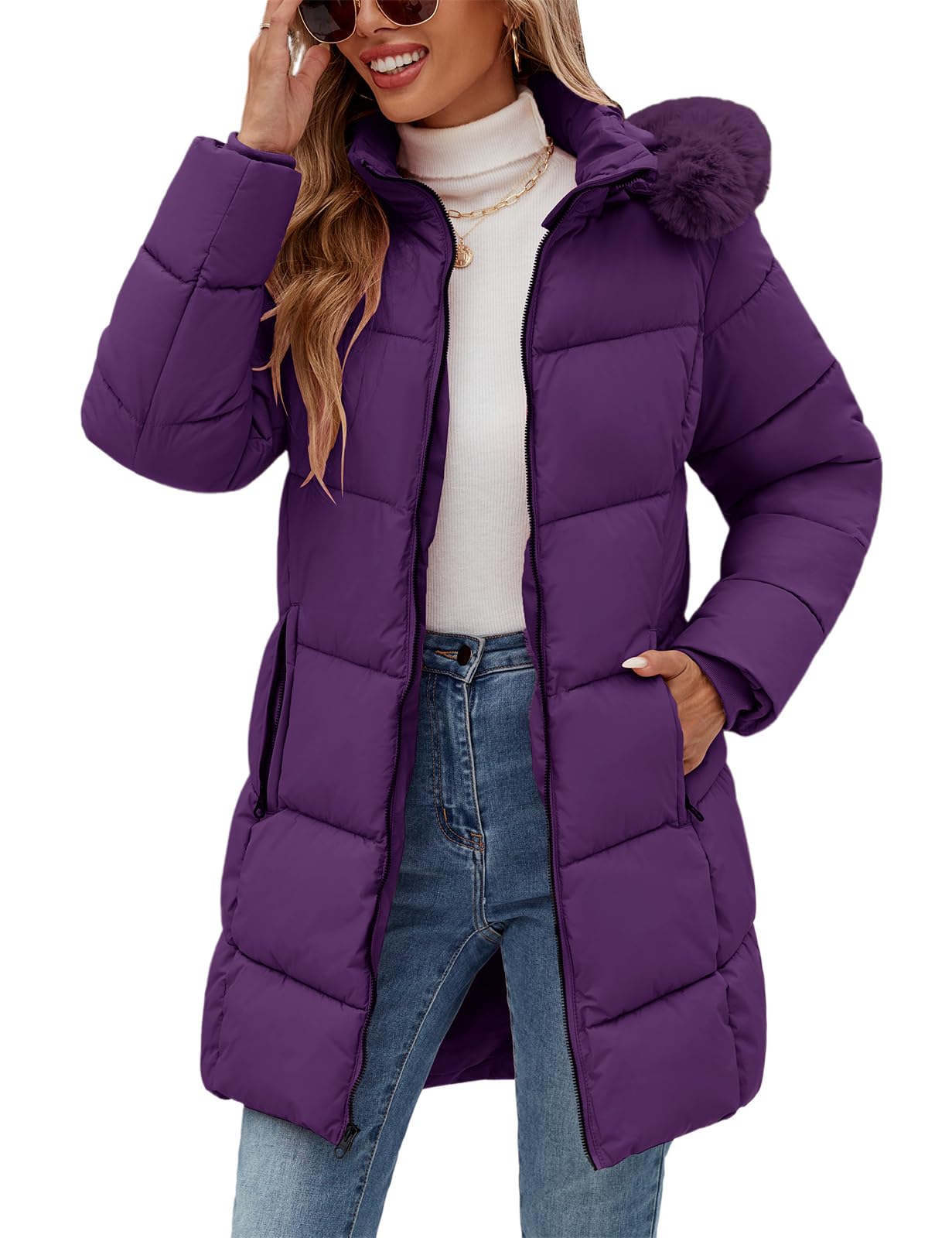 Tuopuda Winterjacke Damen Lang Wintermäntel Damen Warm Winter Slim Fit Jacke Mantel Fleece Gefüttert Daunenmantel Parka Steppmantel Winterparka Outdoorjacke mit Kapuze Übergangsjacke