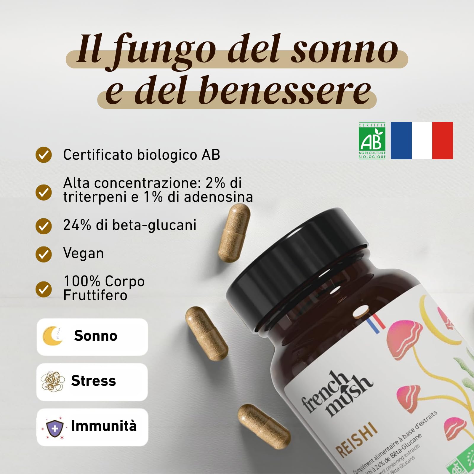 French Mush Reishi Bio 8000mg - 56 Capsule Vegane - 30% Polisaccaridi 92% Biodisponibilità - Effetto Rilassante, Sonno, Umore - Estratto di Reishi Potente - Testato in Laboratorio