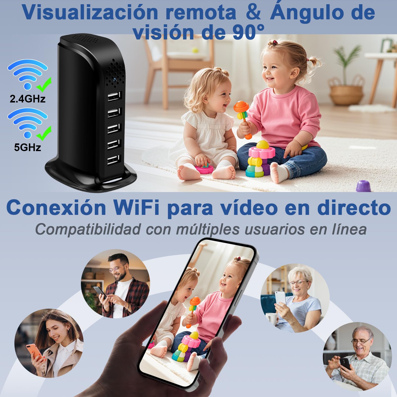 MiniCámara Espía HD 1080p, Cámara Oculta WiFi 2,4/5 GHz, Cargador USB de 5 Puertos Microcámara Oculta con Detección de Movimiento/Grabación en Bucle y Visualización Remota