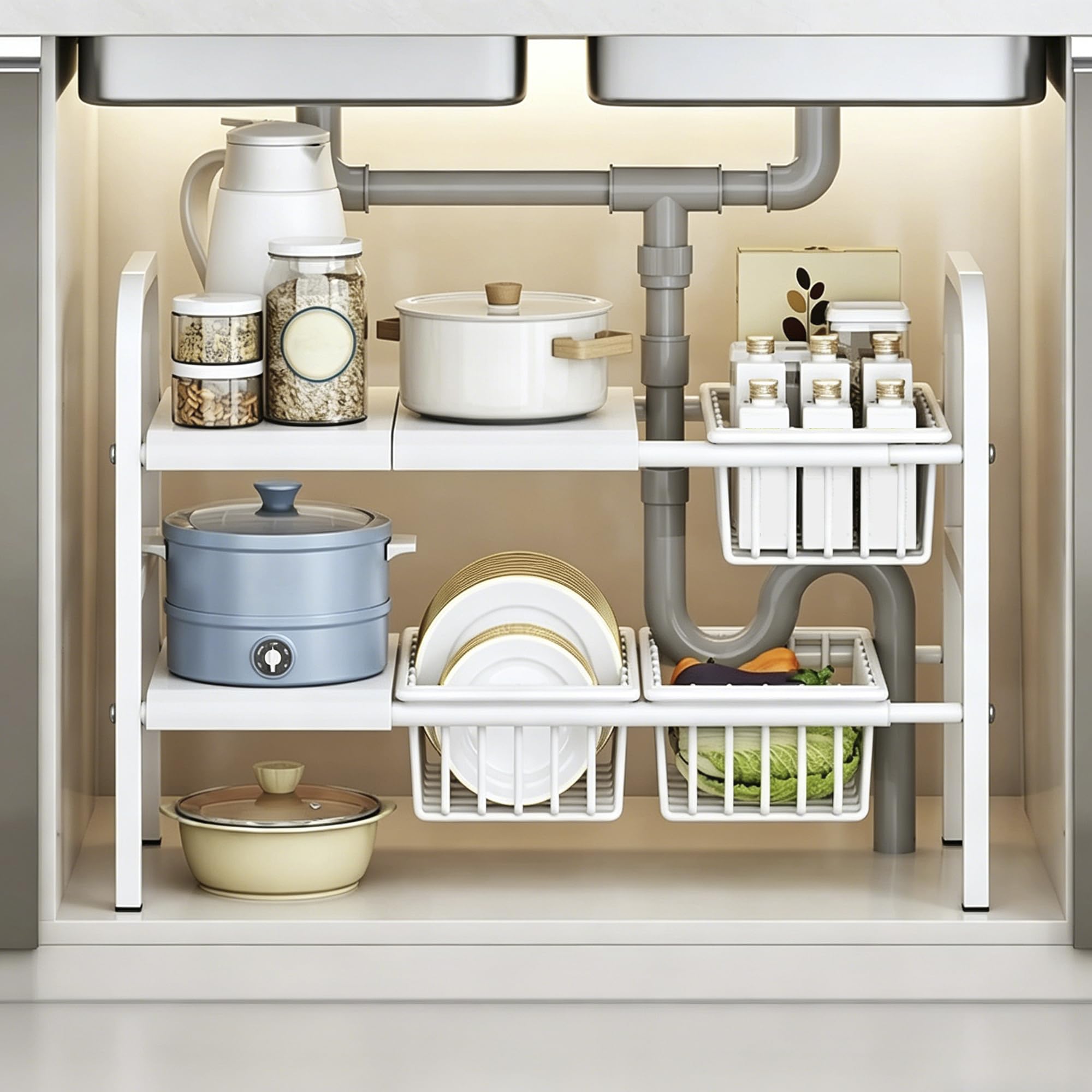 AKOZLIN Extendable Under Sink Organiser, 2-Tier, 53-88cm Wide, White