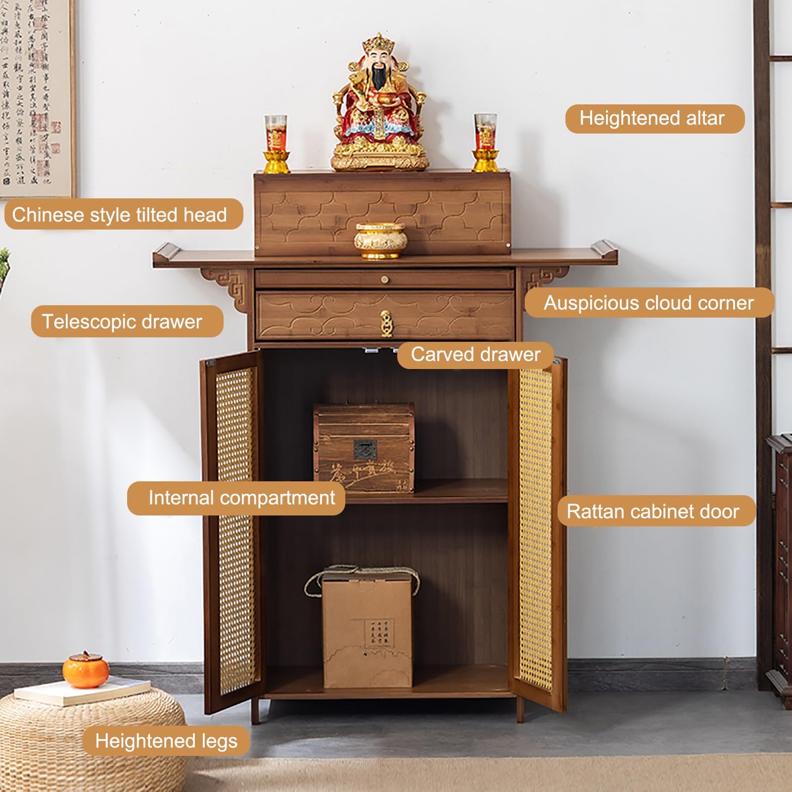 Altare da Meditazione per la spiritualità, Altare in Stile Cinese retrò con ripiano portaoggetti, Organizer da scrivania, Mobile per esporre vasi, Piante e Libri (Marrone, 80 cm/31,5 Pollici)