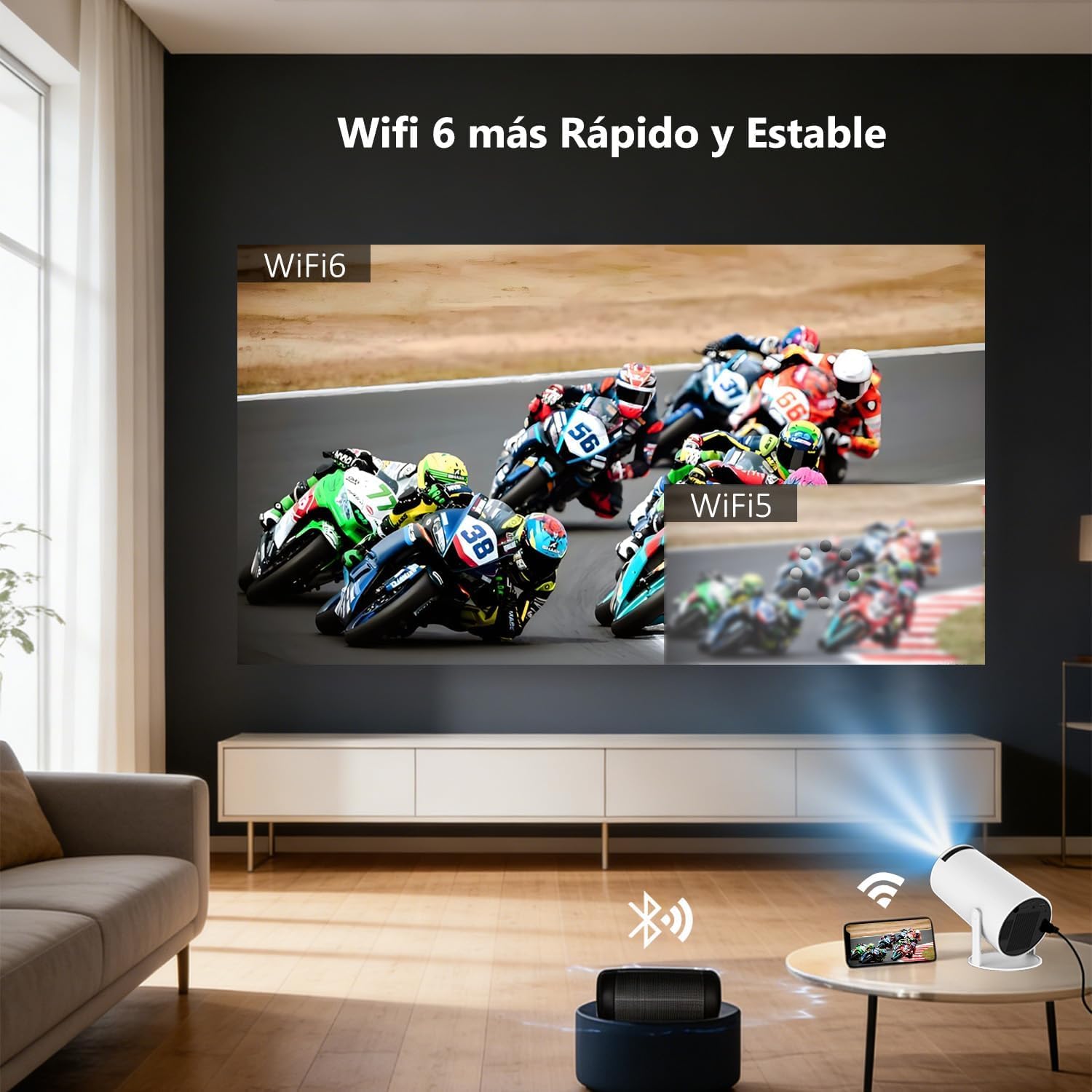 Mini Projector with Bluetooth, 4K Support 130" Screen Movie Projector with Auto Focus & Keystone, 5G+2.4G WiFi 6 Connection, 180° Rotatable Vision for Home Cinema, Laptop, Smartphone — view 4