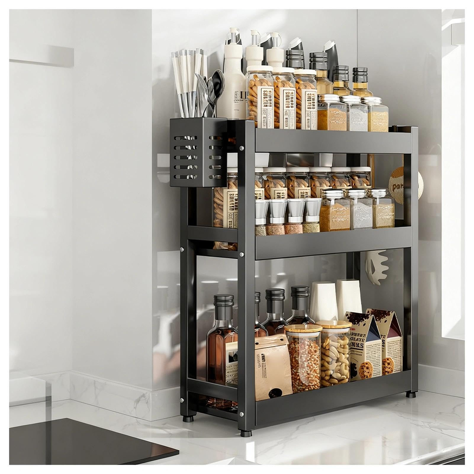 WYQXTY Wall Mount Kitchen Spice Utensil Rack Kitchen Countertop Spice Rack With Hooks & Utensil Holder, Multicolor, Multiple Sizes(Black,3 Tier-40cm)