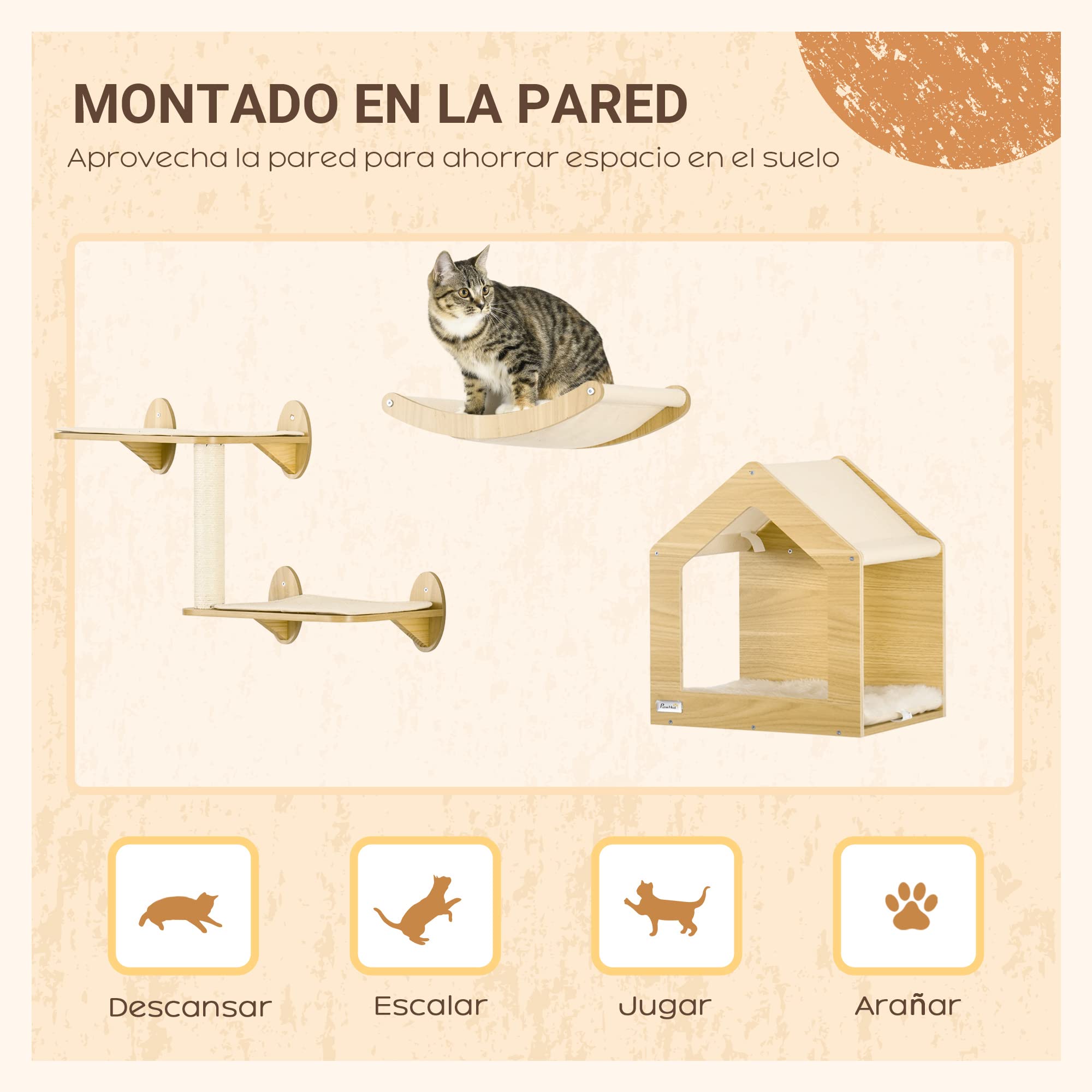 PawHut Estantes para Gatos de Pared 3 Piezas con Caseta y Hamaca Roble | Juego de Estantes Escalada para Gatos, Plataformas, Poste de Sisal