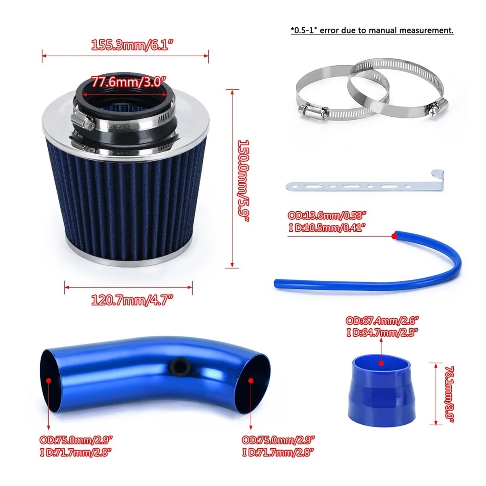 Filtro De Aire Universal 3 "y 76mm Tubo Entrada Frío, Kit Inducción Turbo Con Cono Tubería Inducción(E SET)