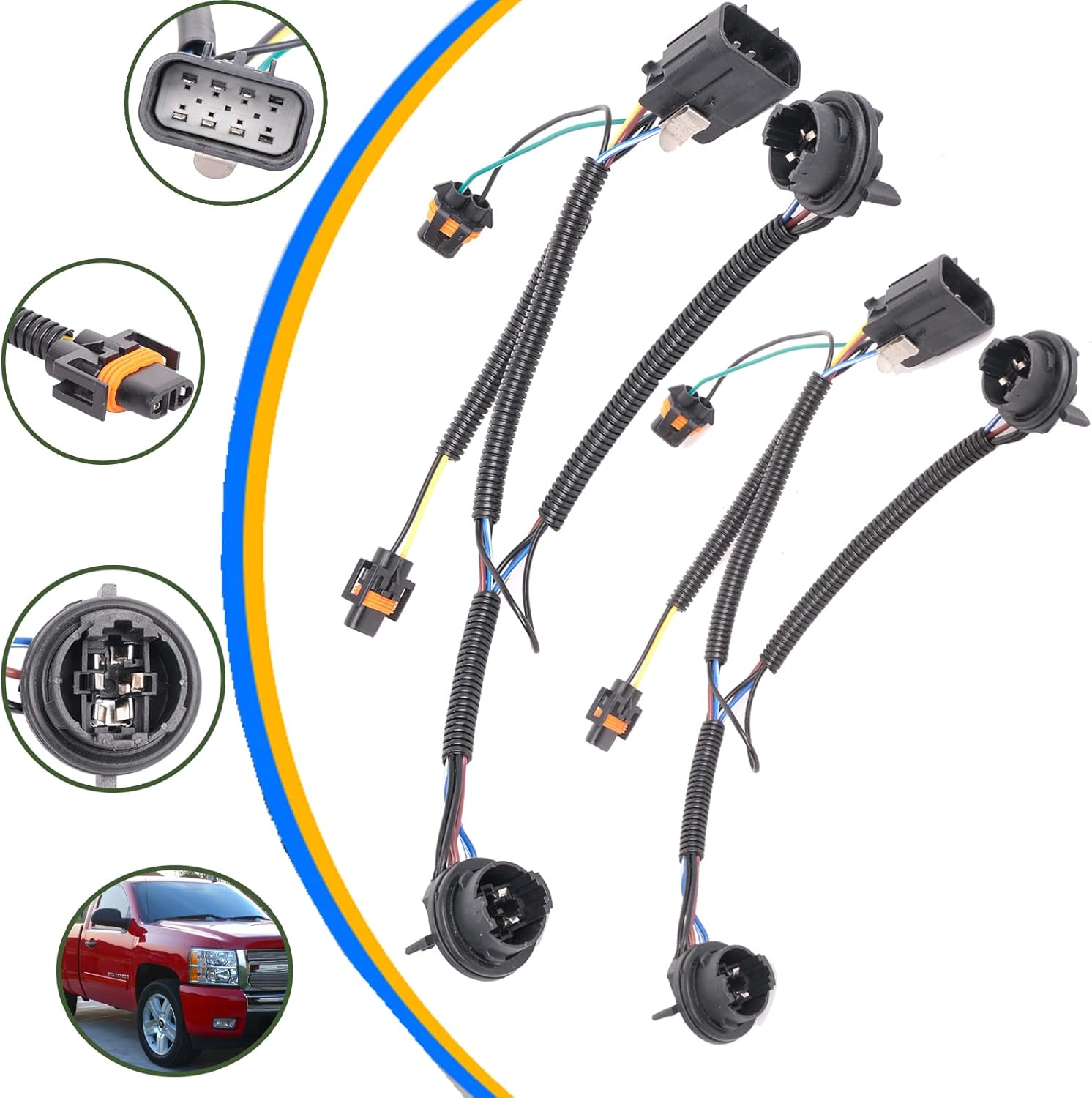 Headlight Wiring Harness Compatible with 2007 2008 2009 2010 2011 2012 2013 2014 Chevy Silverado Front Lamp Socket Wire, 2-Pieces