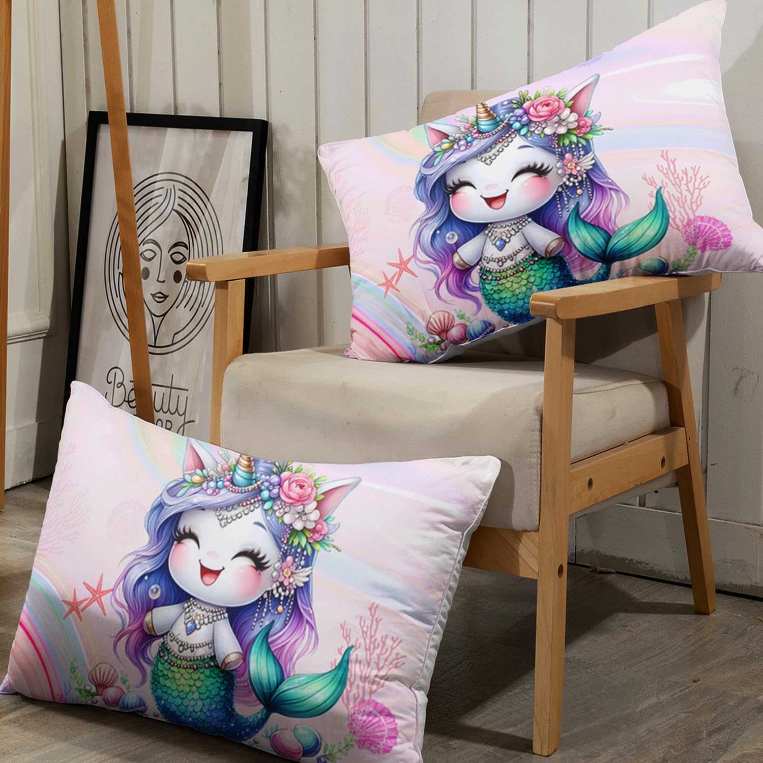 AILONEN Cute Mermaid Fitted Sheet Set Twin XL Size, Cartoon Unicorn Mermaid Princess Bedding Set for Kids,Girls,Watercolor Pink Ocean Theme Bed Sheet Set,1 Fitted Sheet 2 Pillowcases,3-Piece,Soft