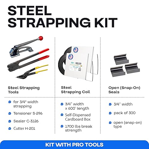 Miniatura 124 de IDL Packaging Kit de flejado de acero portátil de 5/8 pulgadas x 400 pies, resistencia a la rotura de 1400 libras - Solución de flejado de embalaje
