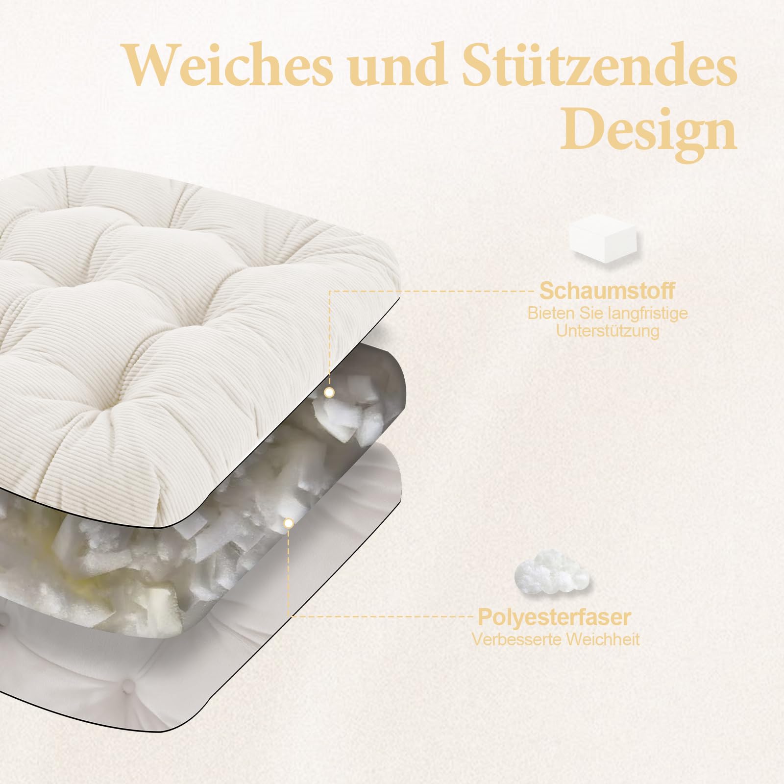 2er Set Stuhlkissen, 50x50x7 cm, Beige – Bequeme Sitzkissen aus Cordstoff und Kristallsamt mit Bindebändern, ideal für Esszimmer, Büro, Wohnzimmer und Gartenstühle, Hochwertige Füllung