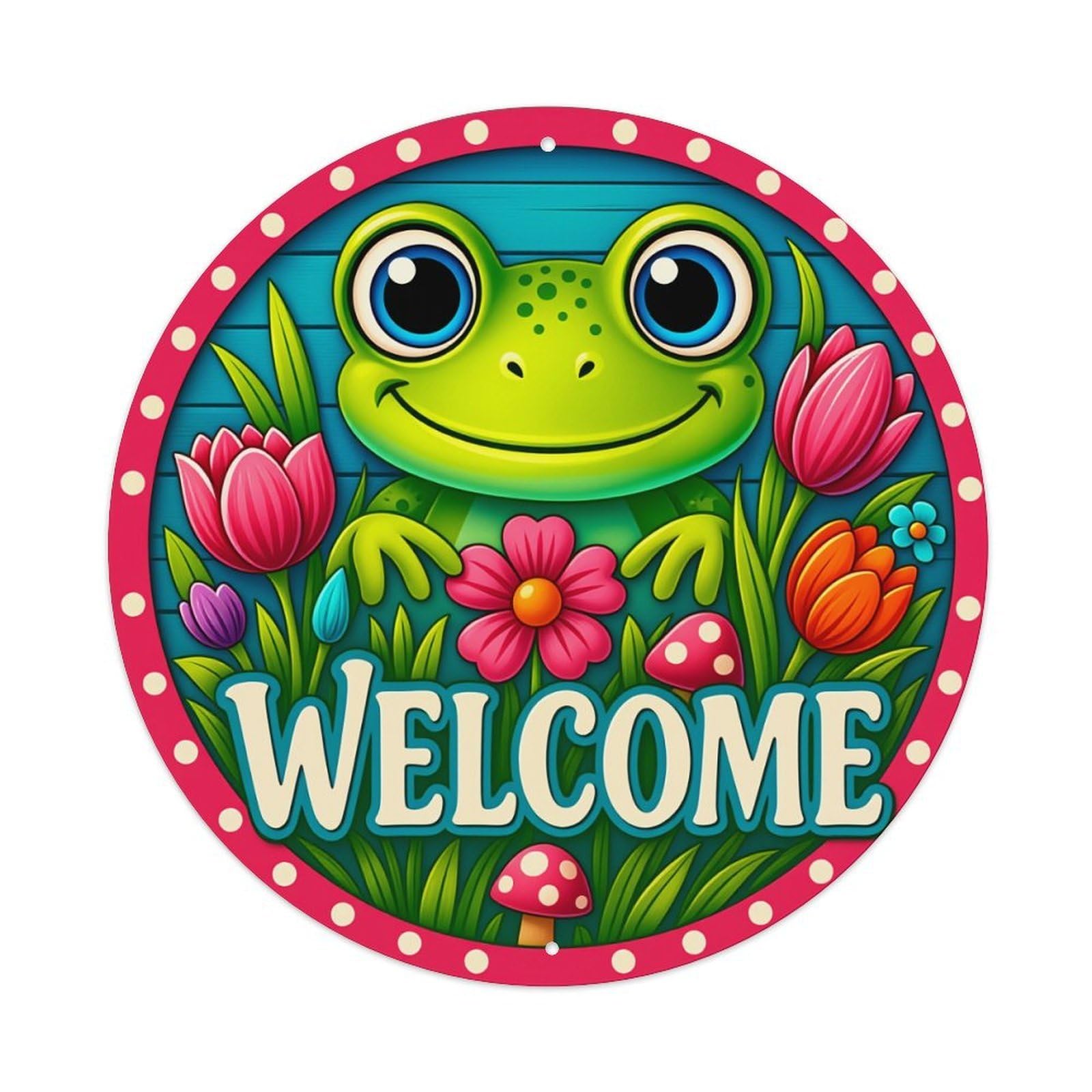 Frog Flowers Mushrooms Welcome Sign_1 Round Tin Sign Vintage Metal Poster, Home Bar Garage Man Cave Cafe Indoor & Outdoor Wall Decoration 8x8Inches