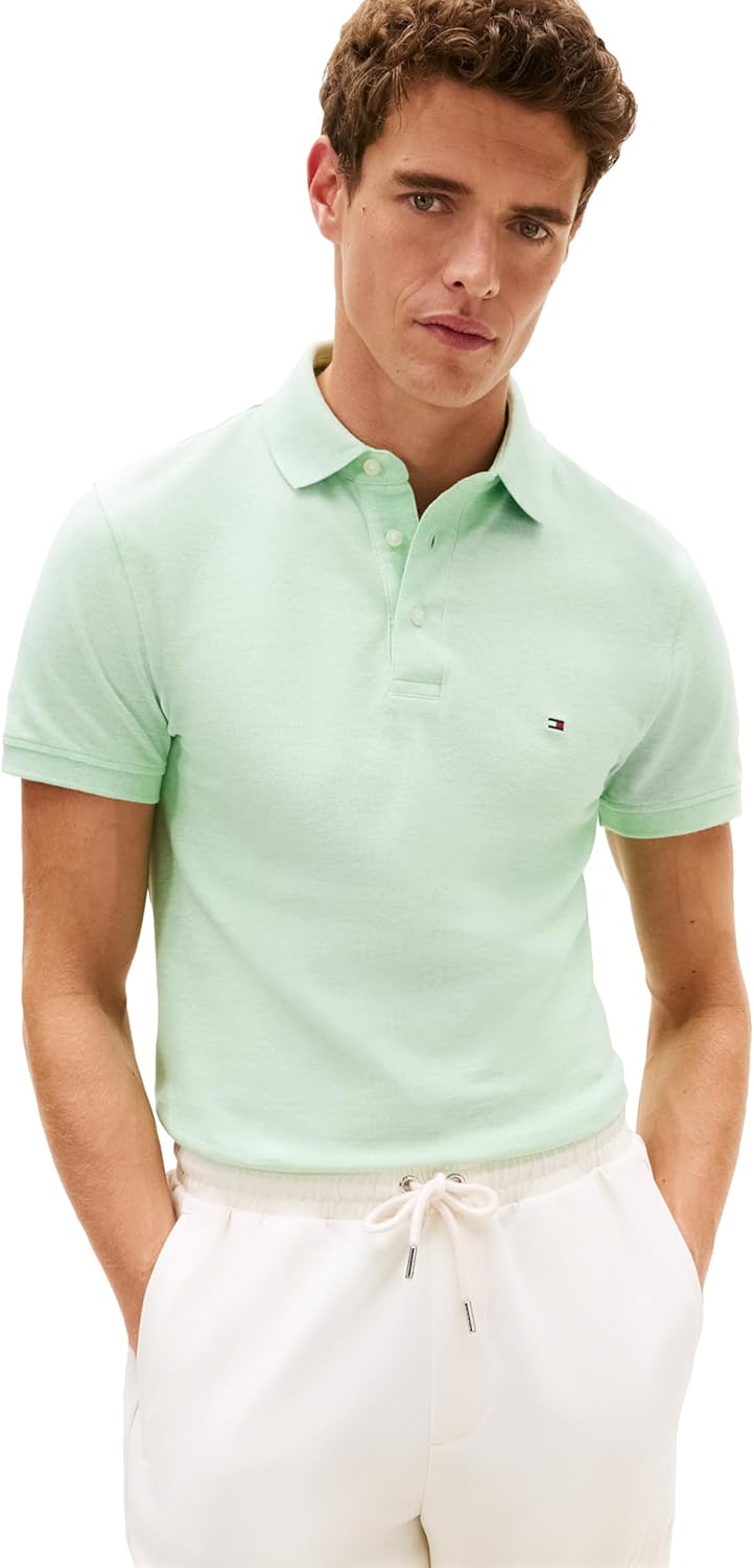 Tommy Hilfiger Mens Short Sleeve Polo Shirts in Slim Fit with Stretch and Organic Pique Cotton