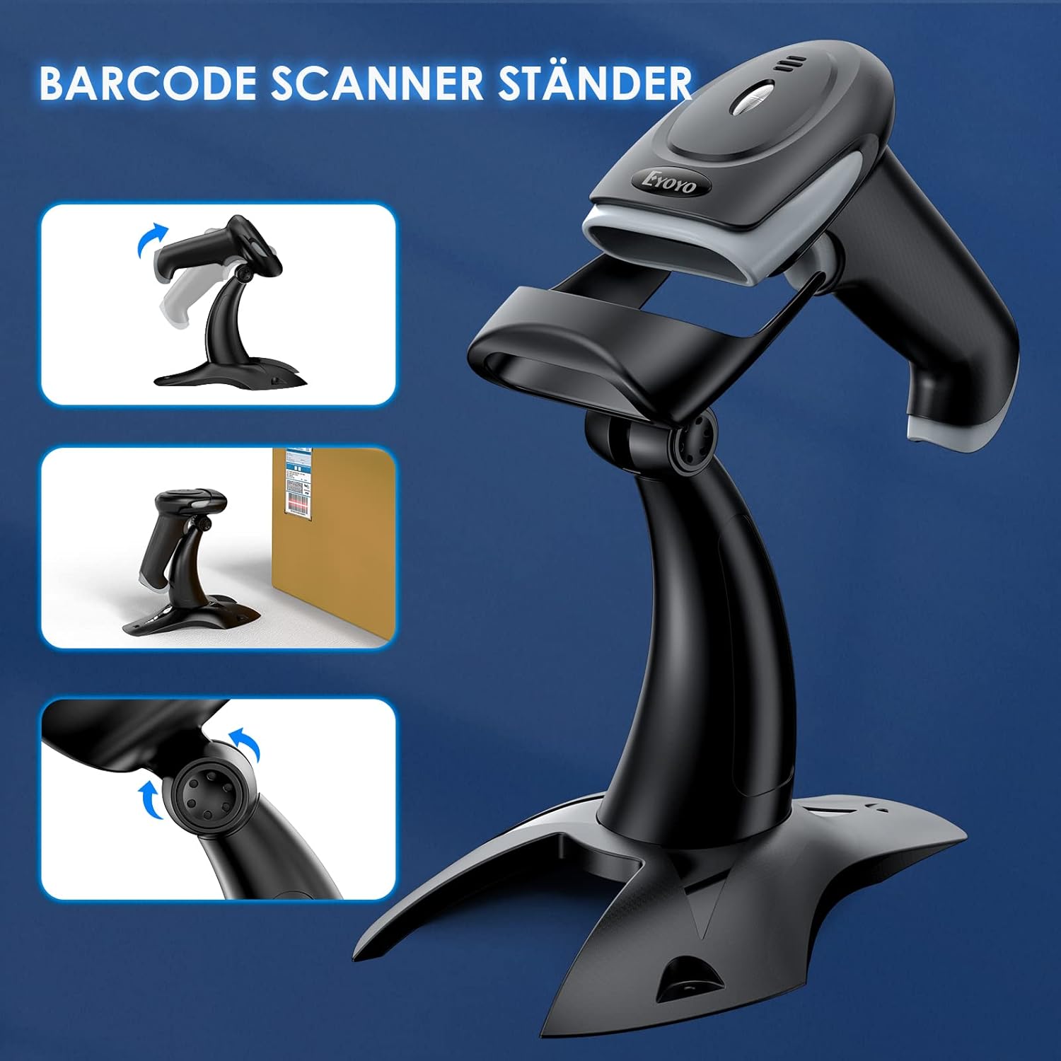 Close-up of the Eyoyo EY-034 Barcode Scanner stand, showing its adjustable angles.