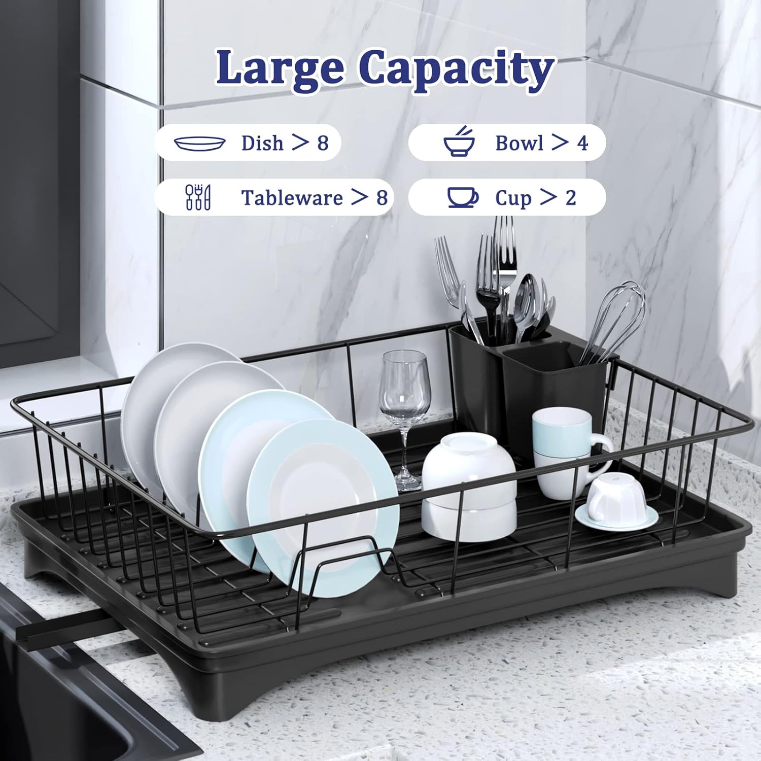 Aonee Dish Drying Rack, Dish Rack with Drainboard, Cutlery Holder, Dish Racks for Kitchen Counter