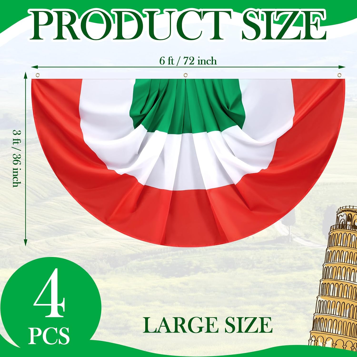 Remagr 4 Pack 3 x 6 ft Italy Pleated Fan Flag Italian Pleated Bunting for Indoor Outdoor Porch Decorations Italy Half Fan Flag Patriotic Holiday Decorations Celebrations